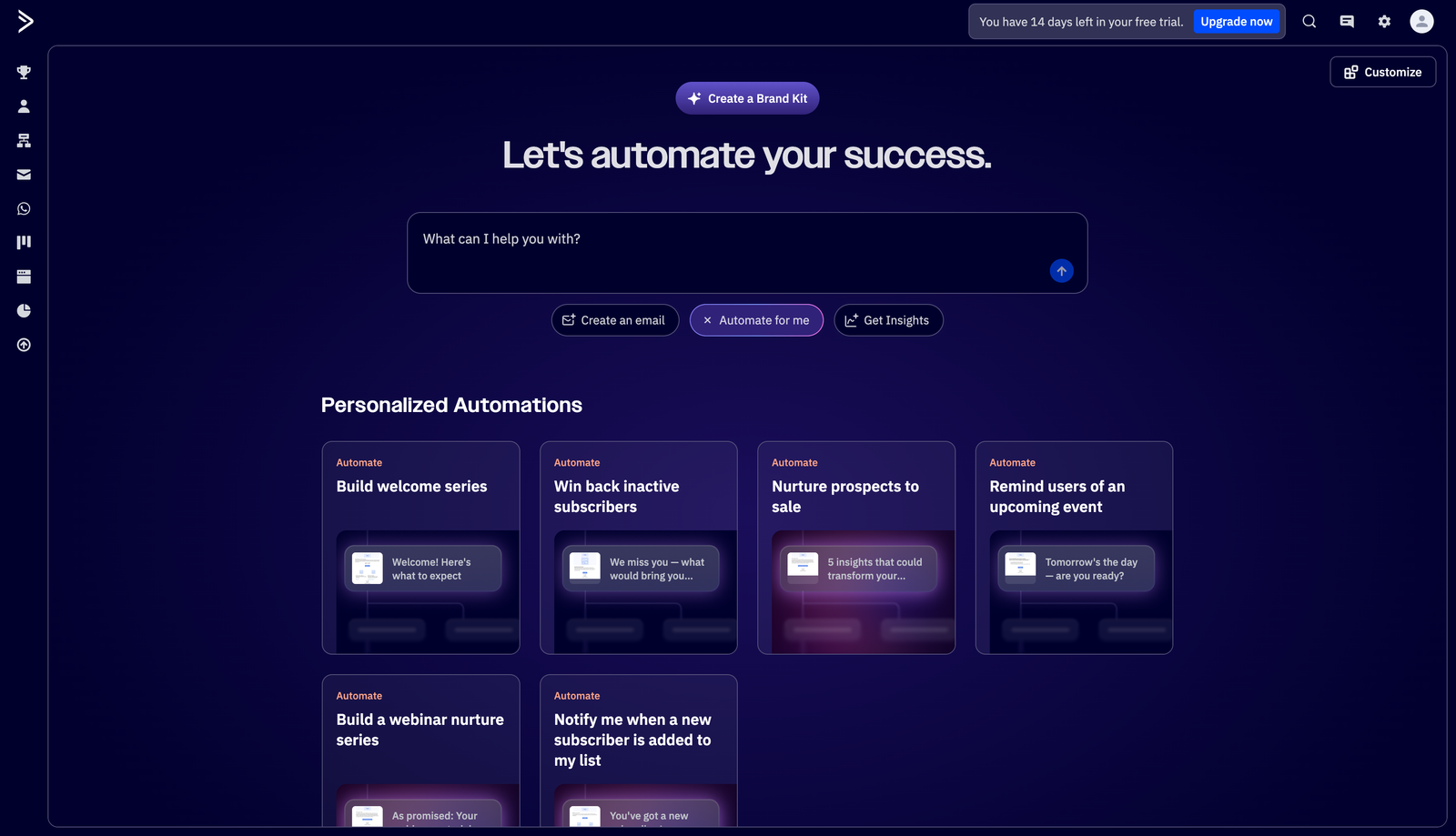 ActiveCampaign AI-generated welcome series showing conditional splits, engagement tagging, and multiple email paths built from a single prompt